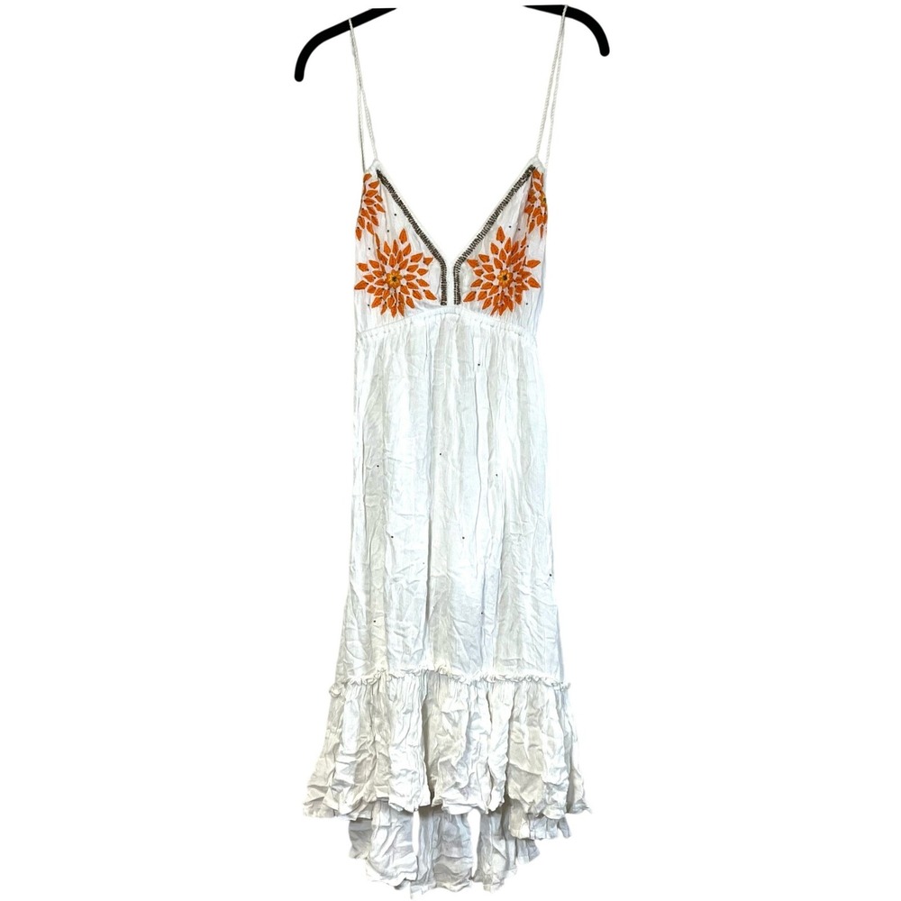 Boho Amiani‎ White Maxi Sundress Embroidered Beaded V-Neck Open Back Size S